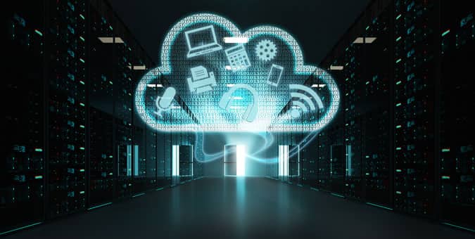 3 D escena renderizada de una sala de servidores, que representa computación en la nube avanzada, y poder de cómputo de alta tecnología