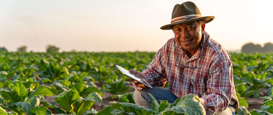 Agricultor con Tablet usando Cuaderno de Campo Electrónico. Muestra los beneficios de la Sostenibilidad en la Producción Agrícola 