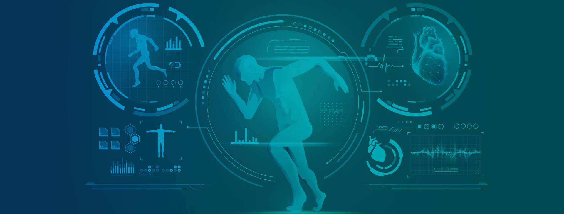 Atleta corriendo rodeado de gráficos digitales que representan el uso de inteligencia artificial en el deporte para mejorar el rendimiento y la seguridad.