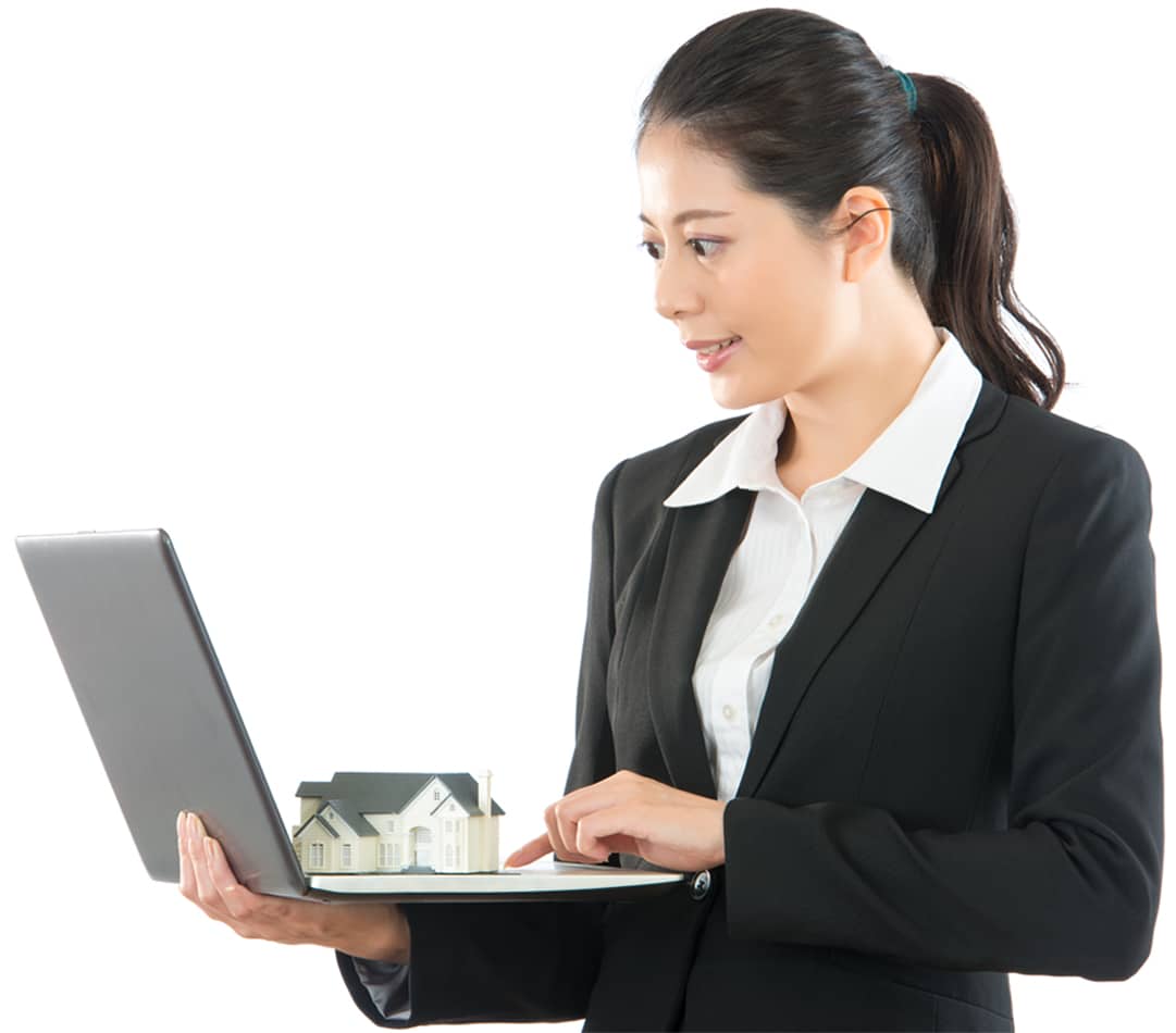 Image of woman using property management survey application, looking down on property