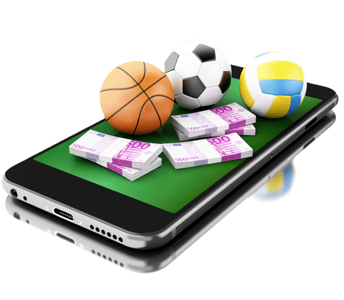 Tablet displaying sports betting app, cash, basketball, baseball, bat, football, and soccer ball