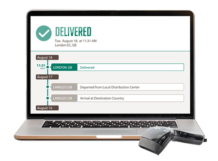 barcode scanner in front of laptop displaying delivery-tracking features from desktop compatible warehouse app for inventory management.