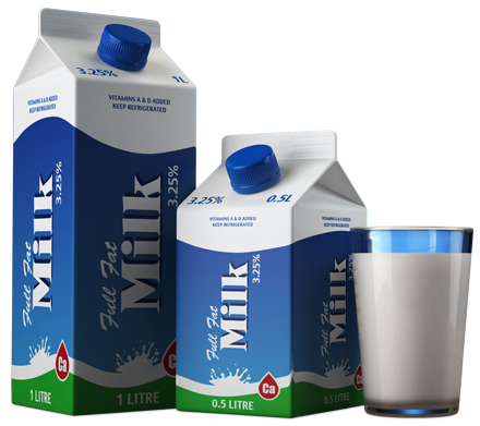 milk carton packand glass on blue