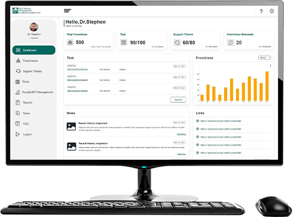 Desktop showing dashboard of Custom Franchise Management Software