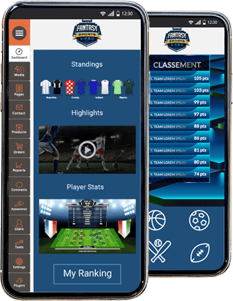 Dos celulares con interfaces de un juego de deportes de fantasía abiertos, mostrando estadísticas, jugadores y opciones interactivas para la gestión de equipos deportivos virtuales.