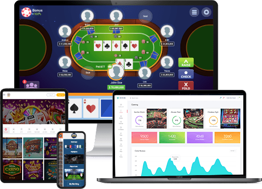 casino gaming and sports betting app development shown on multiple devices