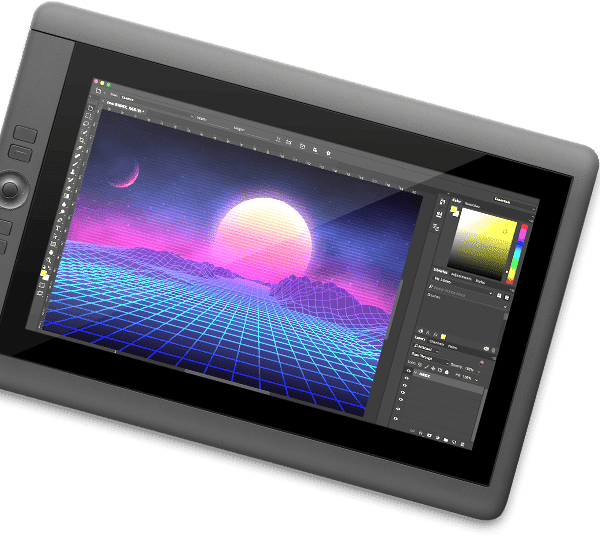 iPad con una aplicación de diseño abierta, mostrando ilustraciones detalladas de personajes y escenarios, representando el proceso creativo de arte para videojuegos.