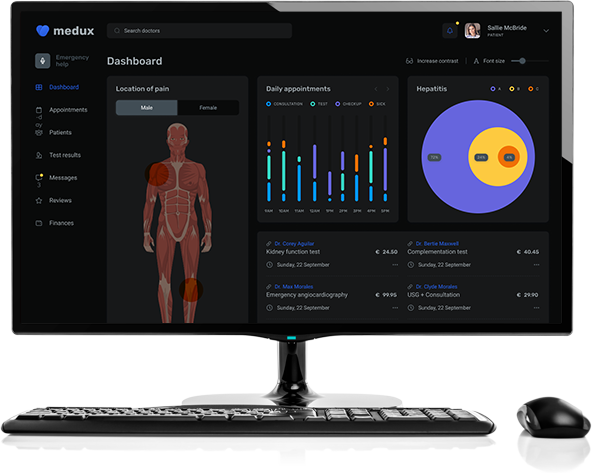 Computer workstation with a monitor, keyboard, and mouse, displaying a medical software interface to represent agentic AI solutions.