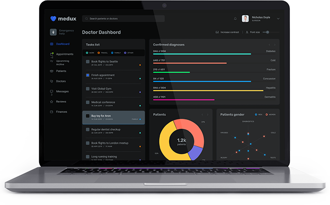 Laptop displaying a medical software dashboard with charts, tasks, and patient data, representing agentic AI solutions.