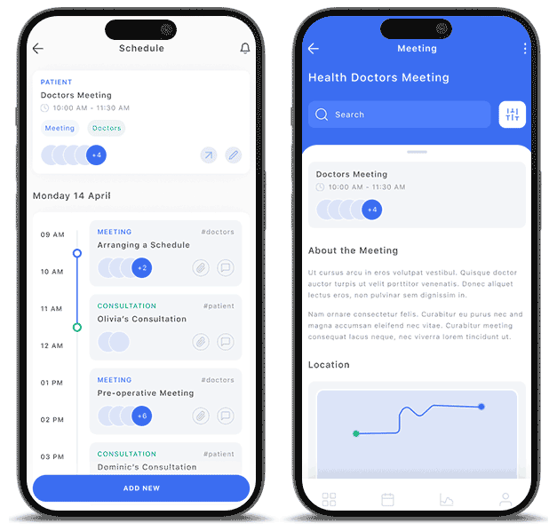 Two smartphones displaying a medical app for scheduling and managing healthcare consultations.