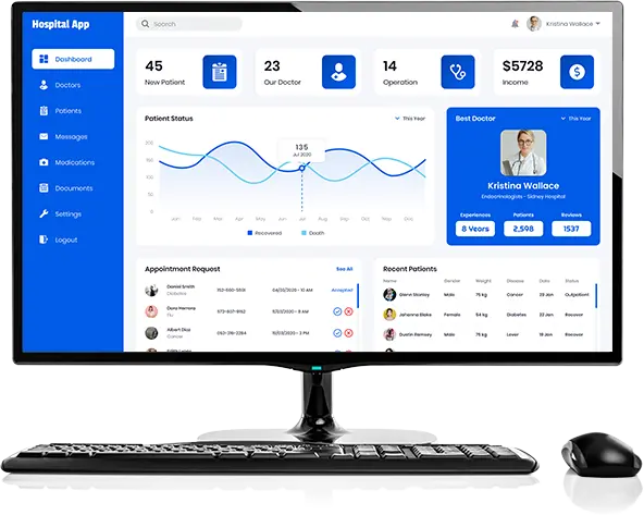 Monitor, keyboard, and mouse showing a Hospital app dashboard for custom revenue cycle management solutions.