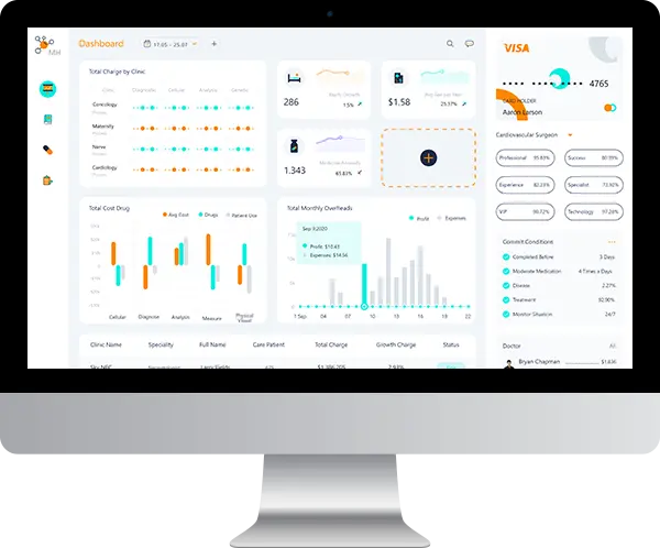 Laptop displaying a dashboard with charts and data, representing revenue cycle management software.
