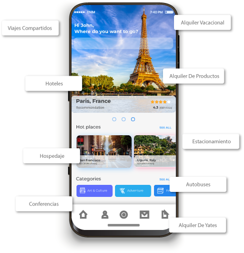 Pantalla de celular mostrando app de planificación y reserva de viajes