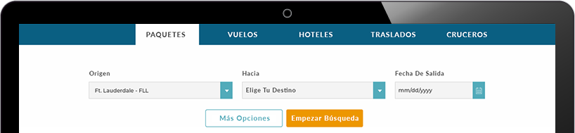 Pantalla de laptop mostrando una plataforma de viajes para la gestión de reserva vuelos, hoteles y autos en línea