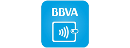 BBVA Wallet logo, logo azul con BBVA sobre una imagen de pago sin contacto 