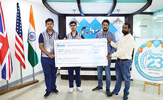 Shreyan Ray received the first-ever scholarship from the Chetu Foundation. From left, Shreyan Ray and Samanyu Gupta, teammates on the winning F1 Team, and Chetu Floor Managers Asheesh Barua, and Anuj Anand.