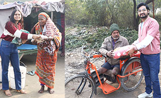Chetu Team Members step up to support the community during the second Winter Gear Drive in Noida. Bottom left: Saumya Tripathi, Human Resources Executive, hands a blanket to an elderly woman, while Team Member Saksham Dubey ensures a disabled person receives a warm blanket. Together, they spread warmth and kindness.