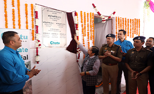 In the top right photo: Commissioner of Police, Smt. Laxmi Singh (center), inaugurates the new police cafeteria donated by the Chetu Foundation, joined by Chetu’s Operations Head Saurabh Pawar (far left). In the top left photo: The Chetu Foundation’s renovated Noida Police cafeteria offers modern facilities and comfort for police personnel.