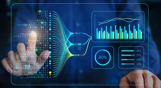 Hand on keyboard with patient icons and health data above, symbolizing Custom Databricks Consulting Services.