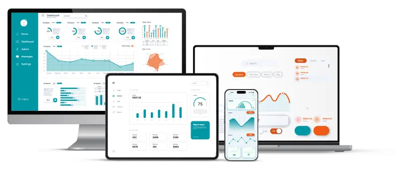 Computer screen with charts, tablet and phone, laptop showing dashboard—symbolizing AI-powered healthcare solutions.