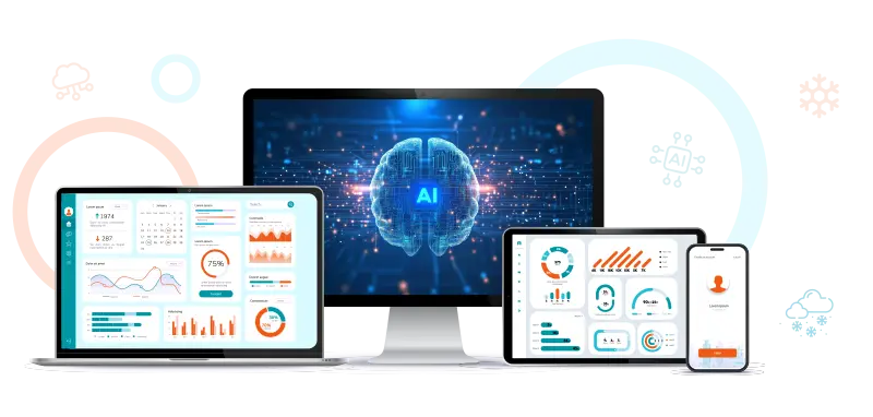 Soluciones De Snowflake Impulsadas Por IA Para Tomar Decisiones Más Inteligentes Pantalla de ordenador con gráficos, tableta y teléfono, y portátil mostrando un panel de control: simbolizando soluciones de salud impulsadas por IA.