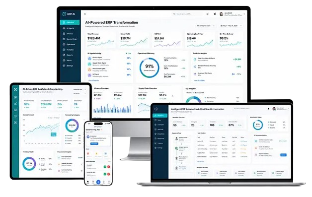 AI-Powered ERP Solutions for Intelligent Enterprise Transformation Computer screen with charts, tablet and phone, laptop showing AI-Powered ERP Solutions for Intelligent Enterprise Transformation.