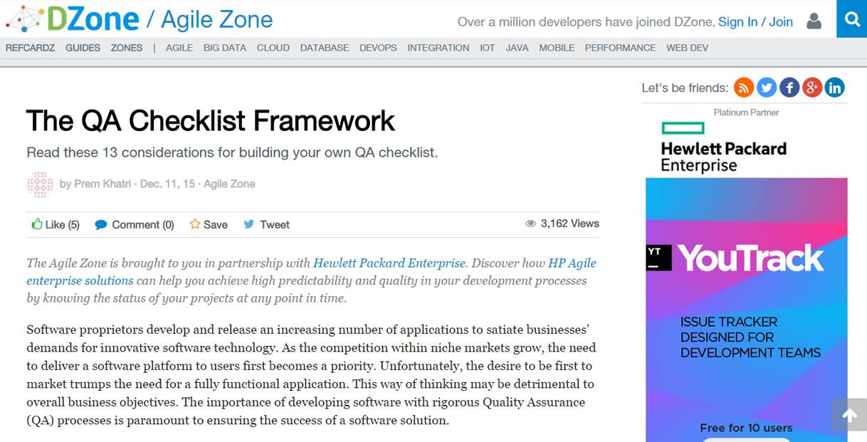 DZone/Agile Zone Article: The QA Checklist Framework